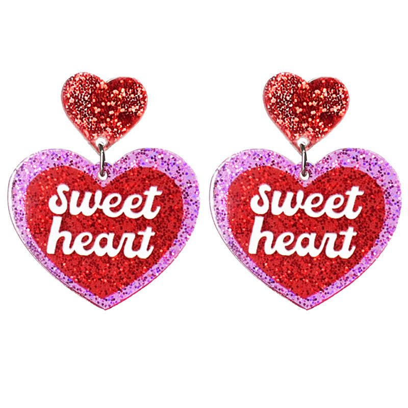 Wholesale Valentine's Day Sweetheart Pink Glitter Cake Party Lover Text Acrylic Earrings